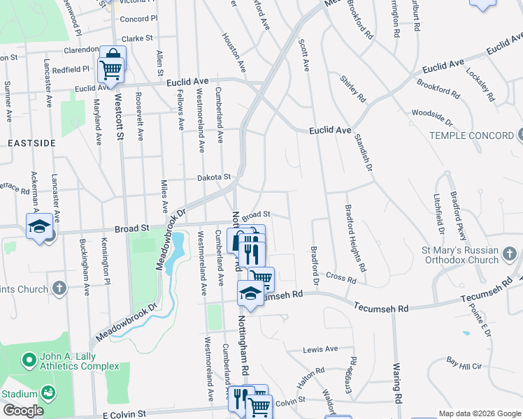 map of restaurants, bars, coffee shops, grocery stores, and more near 200 Sherbourne Road in Syracuse