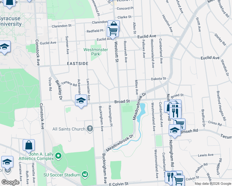 map of restaurants, bars, coffee shops, grocery stores, and more near 1050 Westcott Street in Syracuse