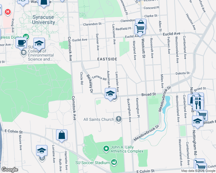 map of restaurants, bars, coffee shops, grocery stores, and more near 110 Kensington Road in Syracuse