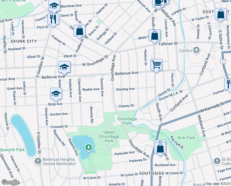 map of restaurants, bars, coffee shops, grocery stores, and more near 242 Coolidge Avenue in Syracuse