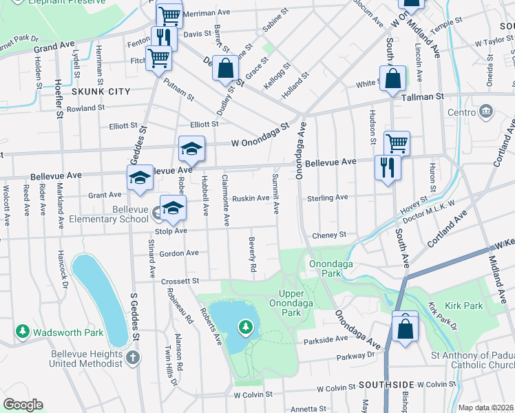 map of restaurants, bars, coffee shops, grocery stores, and more near 104 Ruskin Avenue in Syracuse