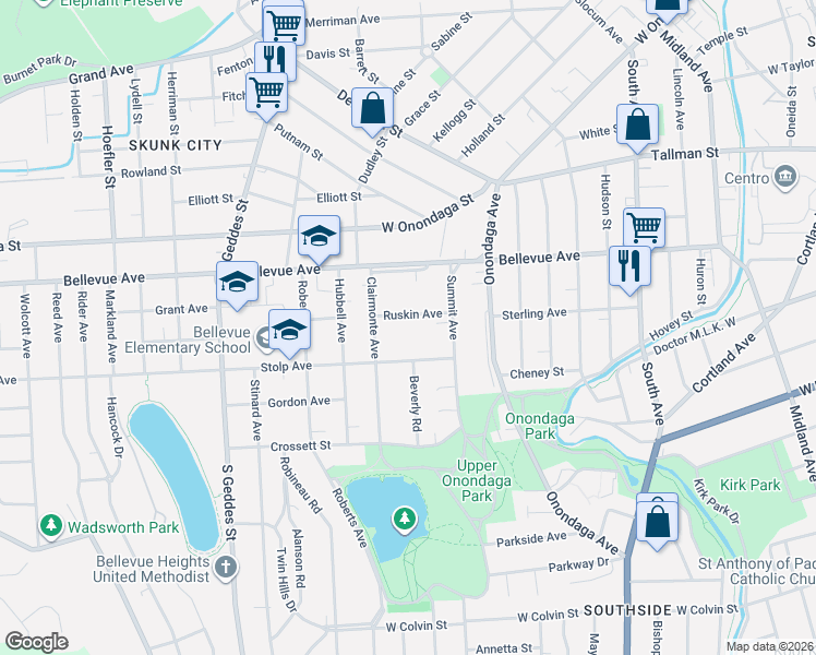 map of restaurants, bars, coffee shops, grocery stores, and more near 118 Ruskin Avenue in Syracuse