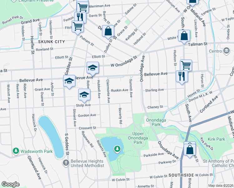 map of restaurants, bars, coffee shops, grocery stores, and more near 118 Ruskin Avenue in Syracuse