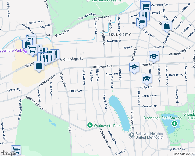 map of restaurants, bars, coffee shops, grocery stores, and more near 105 Rider Avenue in Syracuse