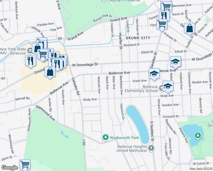 map of restaurants, bars, coffee shops, grocery stores, and more near 118 Reed Avenue in Syracuse