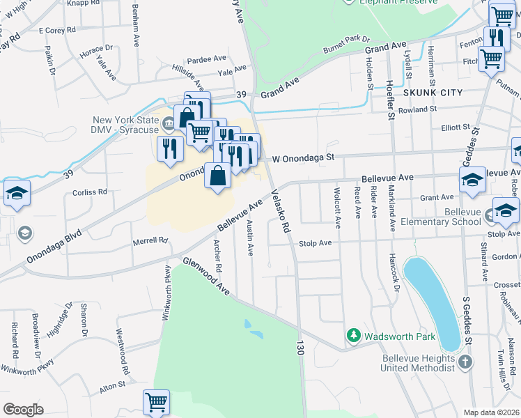 map of restaurants, bars, coffee shops, grocery stores, and more near 2026-28 Bellevue Avenue in Syracuse