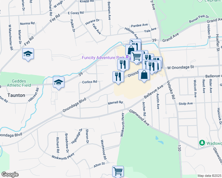 map of restaurants, bars, coffee shops, grocery stores, and more near 4625 Onondaga Boulevard in Onondaga County