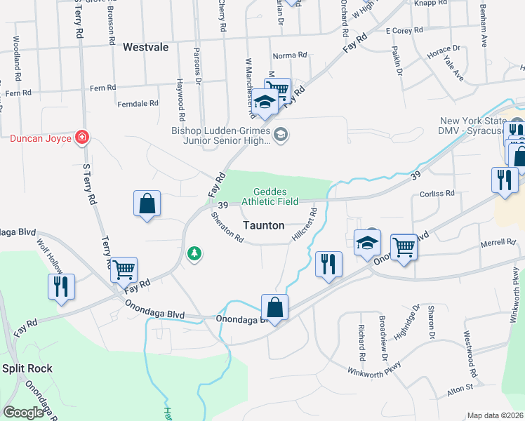 map of restaurants, bars, coffee shops, grocery stores, and more near 1421 Grand Avenue in Syracuse