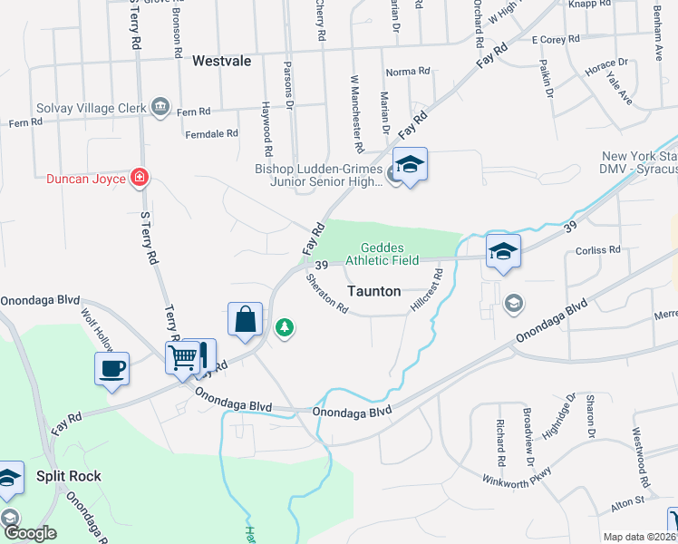 map of restaurants, bars, coffee shops, grocery stores, and more near 851 Fay Road in Onondaga County
