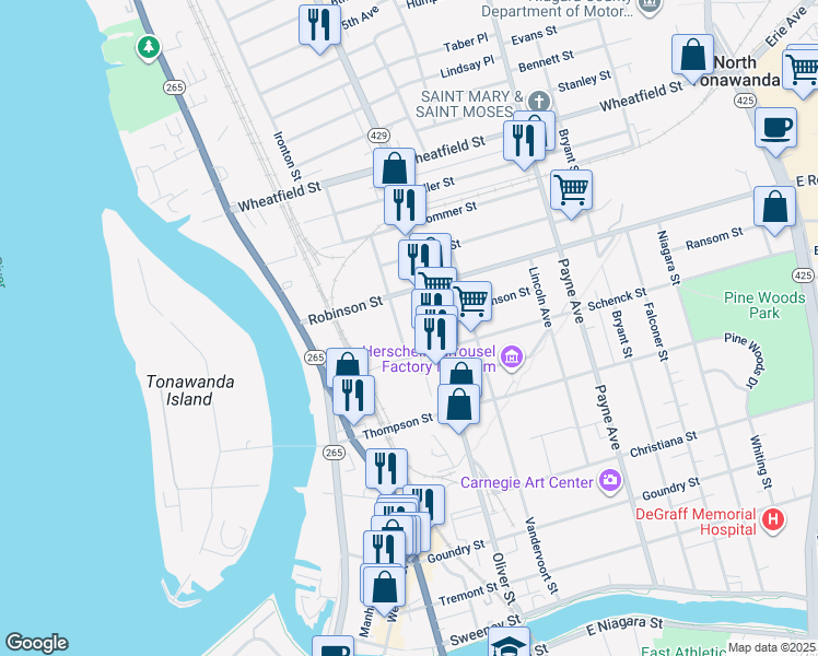 map of restaurants, bars, coffee shops, grocery stores, and more near 107 Robinson Street in North Tonawanda