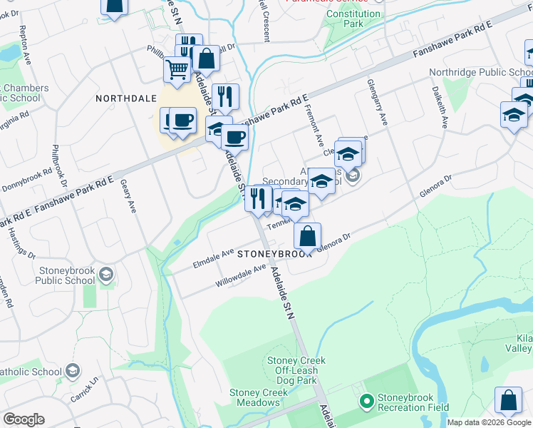 map of restaurants, bars, coffee shops, grocery stores, and more near 24-1478 Adelaide Street North in London