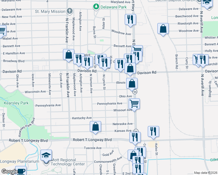 map of restaurants, bars, coffee shops, grocery stores, and more near 1706 North Lynch Street in Flint