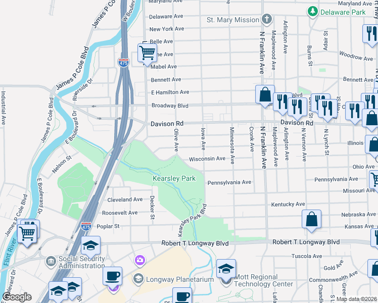 map of restaurants, bars, coffee shops, grocery stores, and more near 1526 Indiana Avenue in Flint