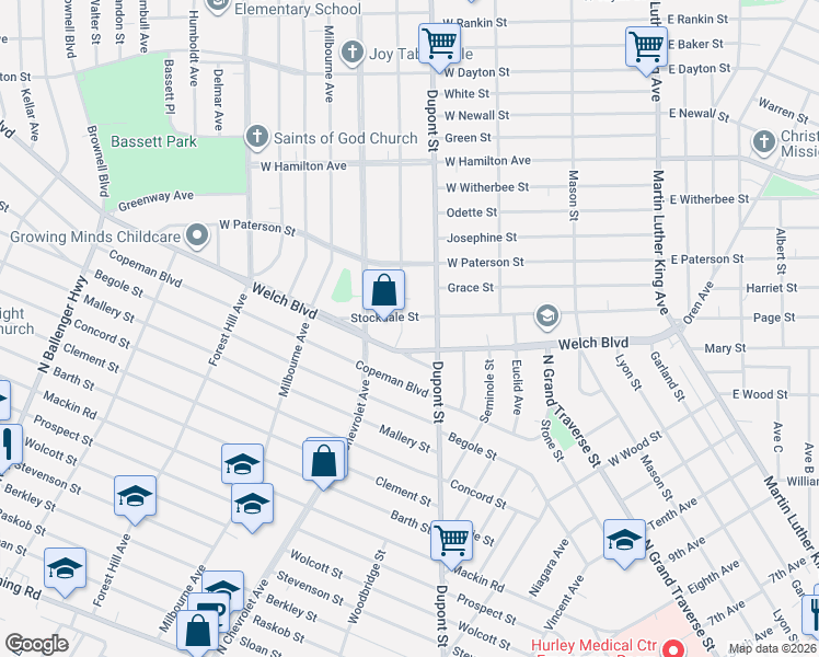 map of restaurants, bars, coffee shops, grocery stores, and more near 1709 Dupont Street in Flint