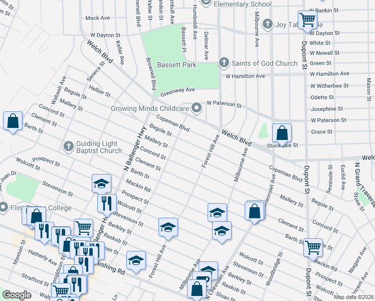map of restaurants, bars, coffee shops, grocery stores, and more near 1562 Lavender Avenue in Flint