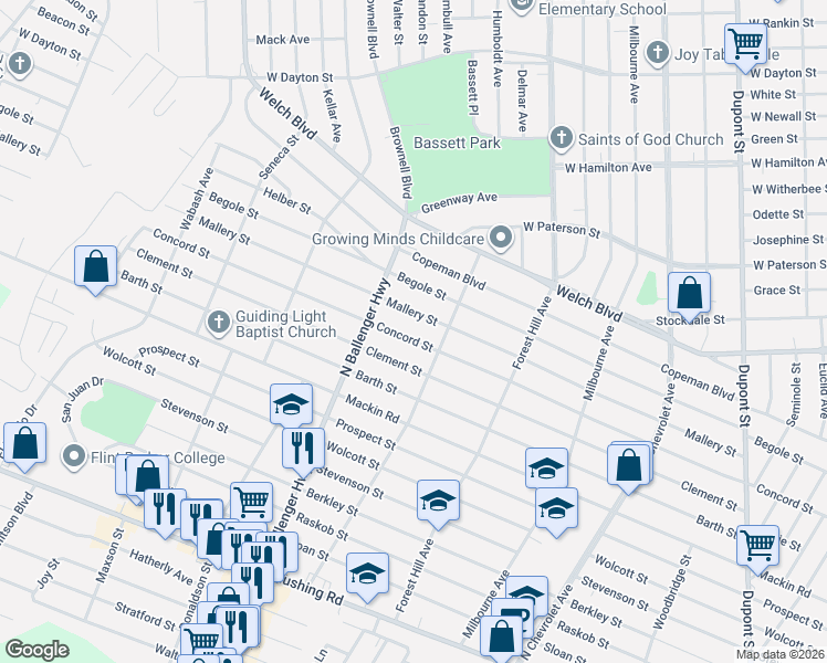 map of restaurants, bars, coffee shops, grocery stores, and more near 2824 Mallery Street in Flint
