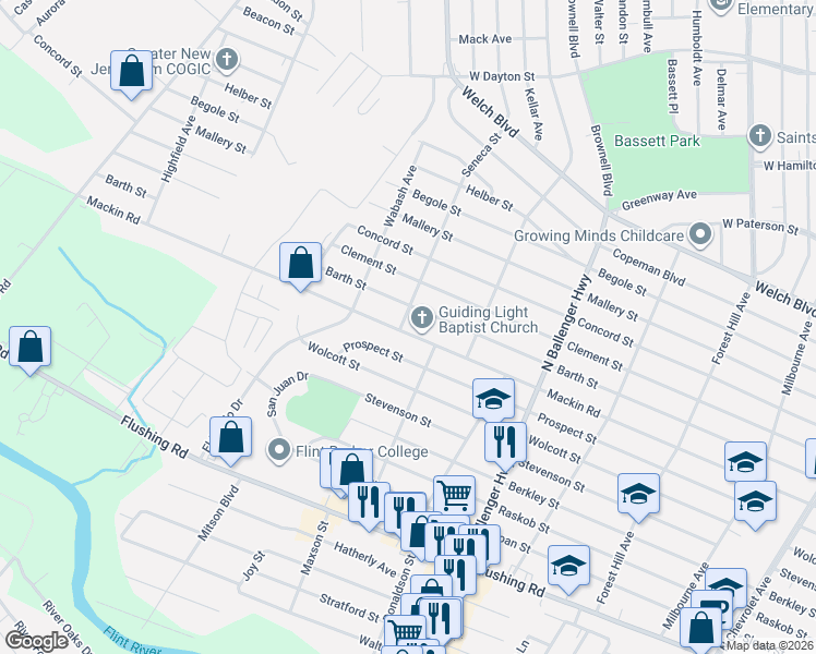 map of restaurants, bars, coffee shops, grocery stores, and more near 3213 Barth Street in Flint