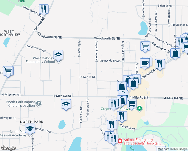 map of restaurants, bars, coffee shops, grocery stores, and more near 3775 Benjamin Avenue Northeast in Grand Rapids