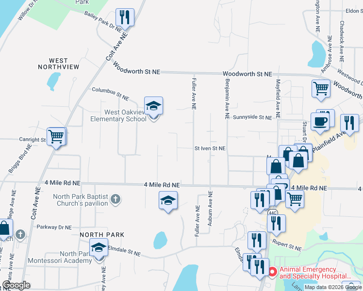 map of restaurants, bars, coffee shops, grocery stores, and more near 3737 Fitzhugh Avenue Northeast in Grand Rapids