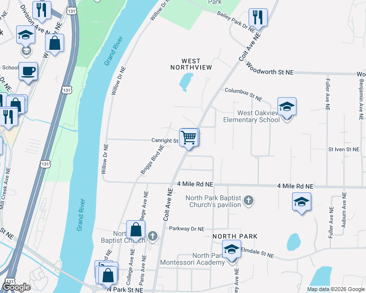 map of restaurants, bars, coffee shops, grocery stores, and more near 700 Grand Woods Court Northeast in Grand Rapids