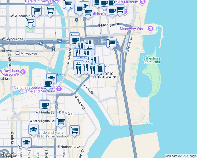 map of restaurants, bars, coffee shops, grocery stores, and more near 511 East Chicago Street in Milwaukee