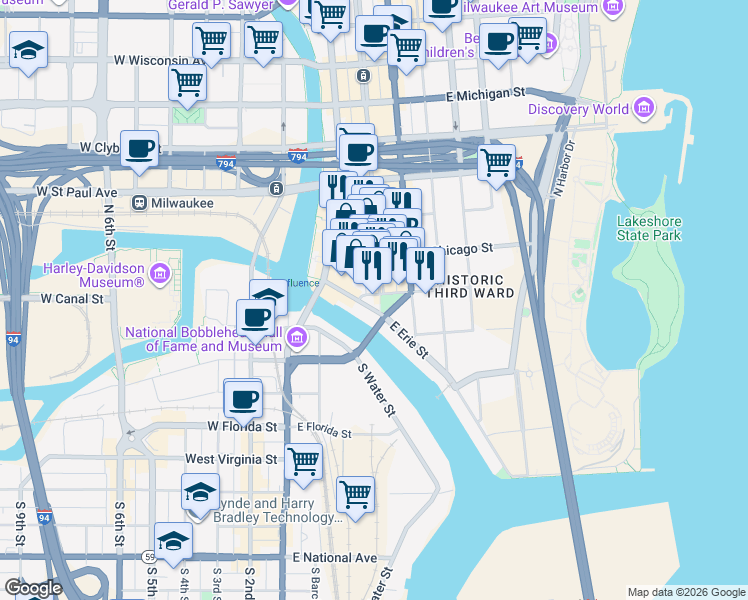 map of restaurants, bars, coffee shops, grocery stores, and more near 177 North Broadway in Milwaukee