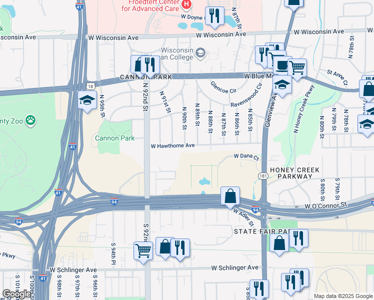 map of restaurants, bars, coffee shops, grocery stores, and more near 135 North 90th Street in Milwaukee