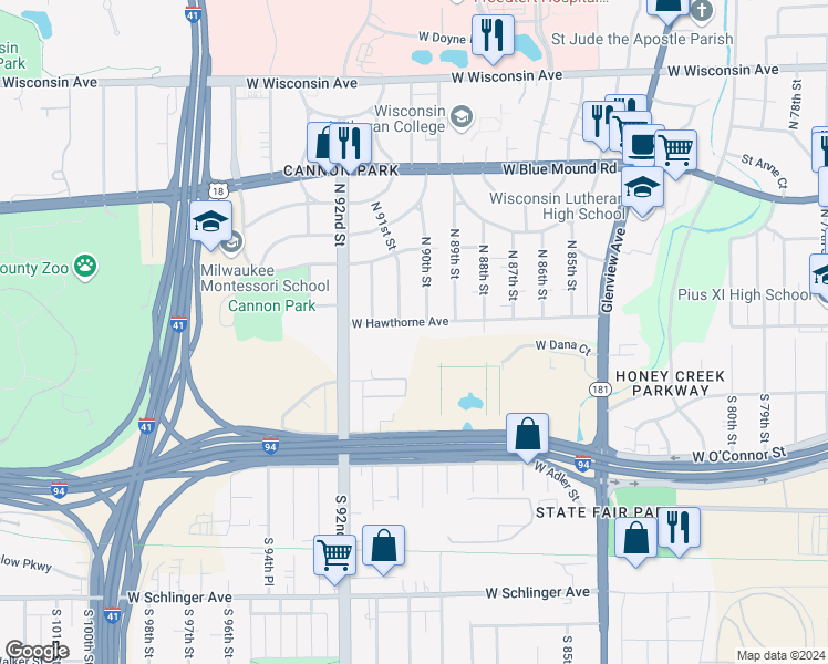 map of restaurants, bars, coffee shops, grocery stores, and more near 135 North 90th Street in Milwaukee