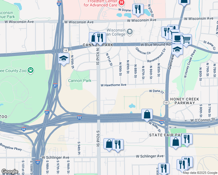 map of restaurants, bars, coffee shops, grocery stores, and more near 140 North 91st Place in Milwaukee