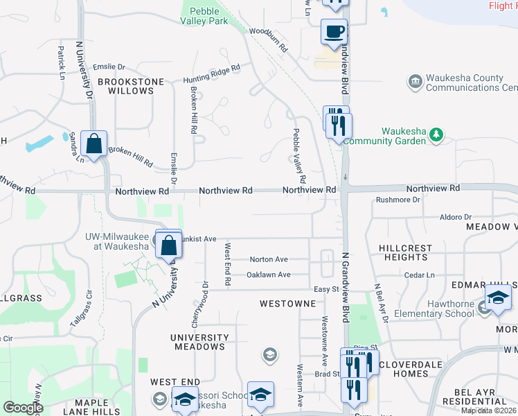 map of restaurants, bars, coffee shops, grocery stores, and more near 2201 Northview Road in Waukesha