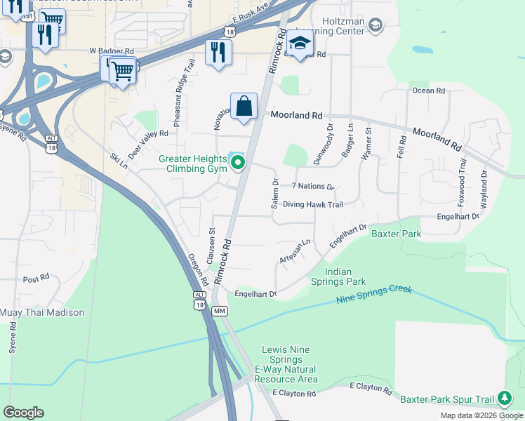 map of restaurants, bars, coffee shops, grocery stores, and more near 2725 Rimrock Road in Madison