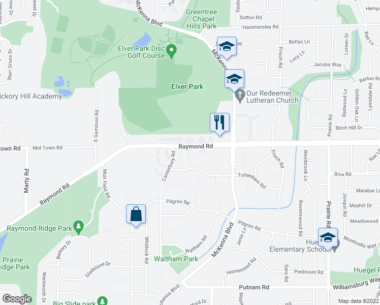 map of restaurants, bars, coffee shops, grocery stores, and more near 6802 Raymond Road in Madison