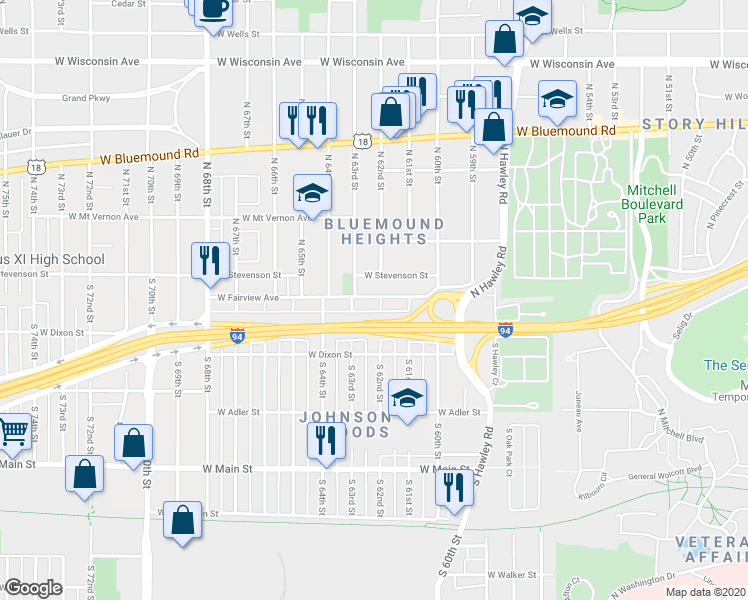 map of restaurants, bars, coffee shops, grocery stores, and more near 6205 West Fairview Avenue in Milwaukee