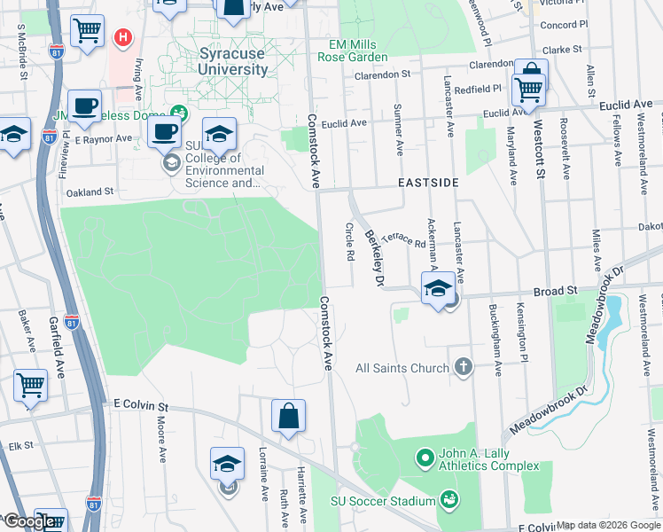 map of restaurants, bars, coffee shops, grocery stores, and more near 937 Comstock Avenue in Syracuse