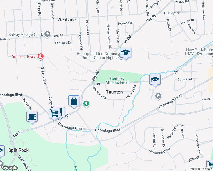 map of restaurants, bars, coffee shops, grocery stores, and more near 851 Fay Road in Onondaga County