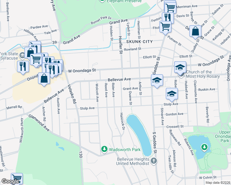 map of restaurants, bars, coffee shops, grocery stores, and more near 105 Rider Avenue in Syracuse