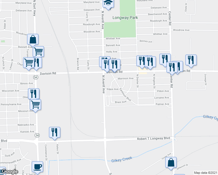 map of restaurants, bars, coffee shops, grocery stores, and more near 1601 Bingham Street in Flint
