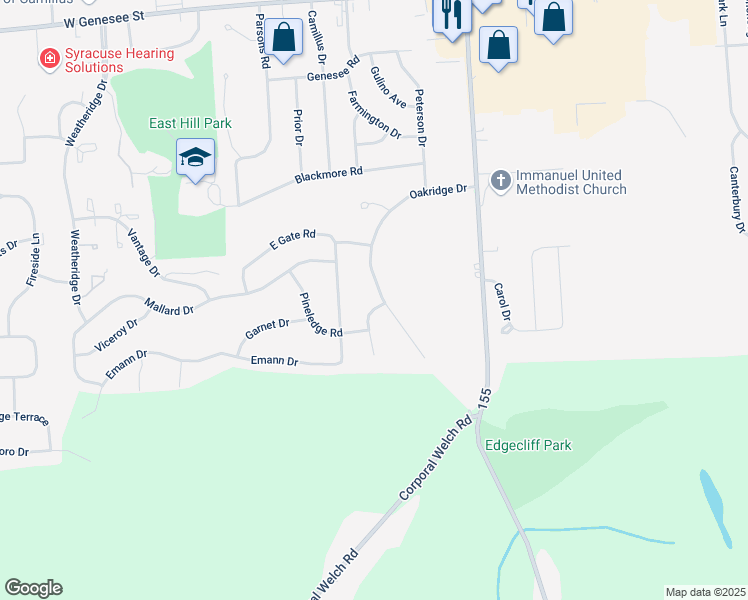 map of restaurants, bars, coffee shops, grocery stores, and more near 407 Oakridge Drive in Camillus
