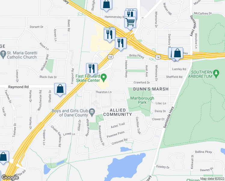 map of restaurants, bars, coffee shops, grocery stores, and more near 4530 Thurston Lane in Fitchburg