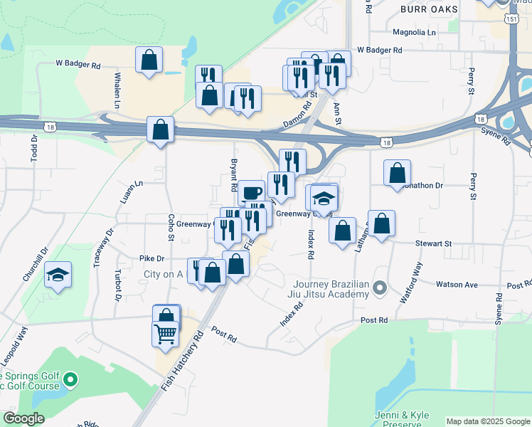 map of restaurants, bars, coffee shops, grocery stores, and more near Fish Hatchery Rd & Greenway Cross in Madison