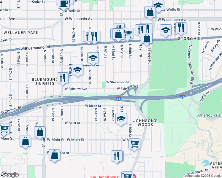 map of restaurants, bars, coffee shops, grocery stores, and more near 6207 W Fairview Ave in Milwaukee