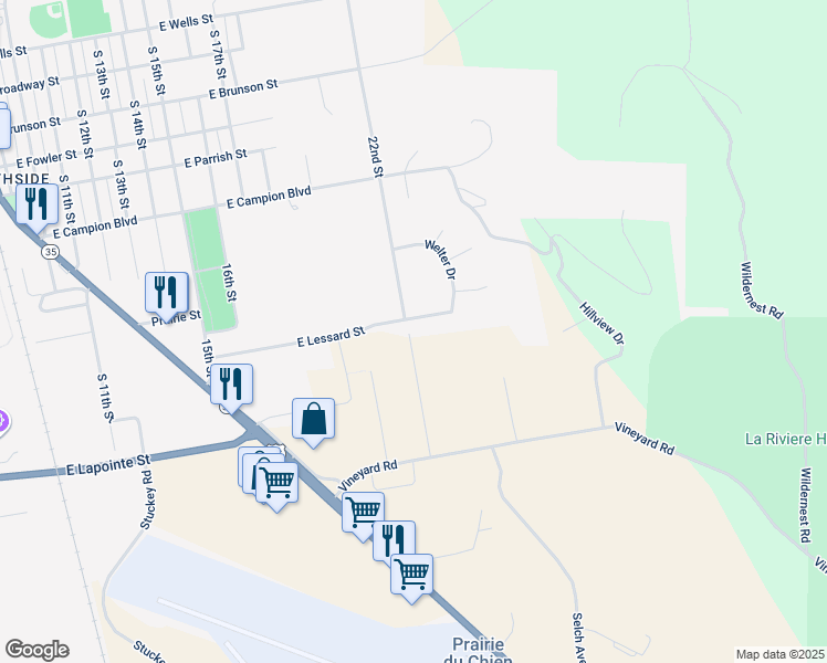 map of restaurants, bars, coffee shops, grocery stores, and more near 37260 Sand Burr Lane in Prairie du Chien