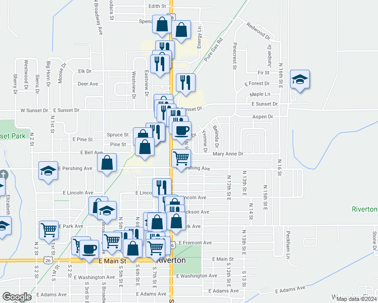map of restaurants, bars, coffee shops, grocery stores, and more near 813 North Federal Boulevard in Riverton