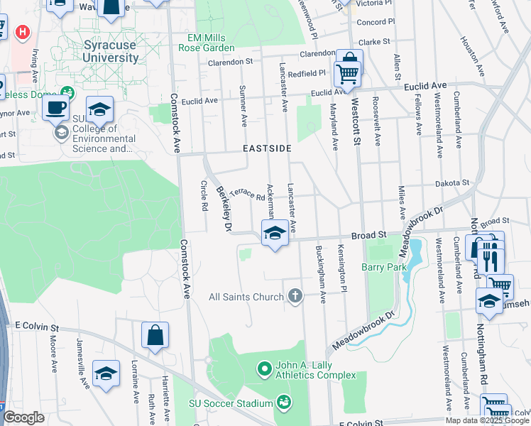 map of restaurants, bars, coffee shops, grocery stores, and more near 101 Windsor Place in Syracuse