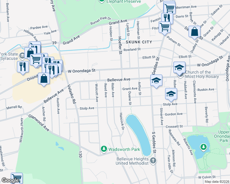 map of restaurants, bars, coffee shops, grocery stores, and more near 105 Rider Avenue in Syracuse