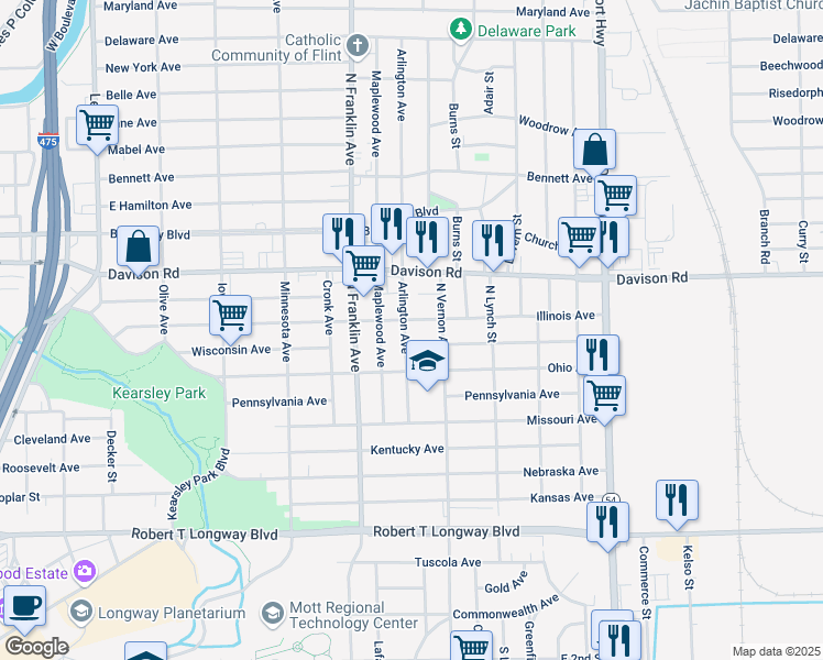 map of restaurants, bars, coffee shops, grocery stores, and more near 2115 Illinois Avenue in Flint
