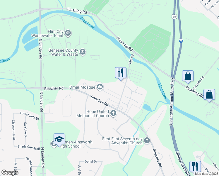 map of restaurants, bars, coffee shops, grocery stores, and more near 2101 Mill Road in Flint