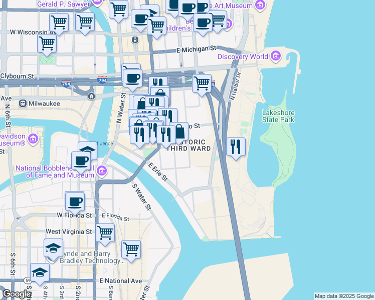 map of restaurants, bars, coffee shops, grocery stores, and more near in Milwaukee