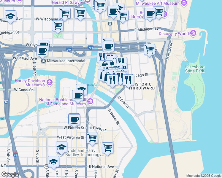 map of restaurants, bars, coffee shops, grocery stores, and more near 177 North Broadway in Milwaukee