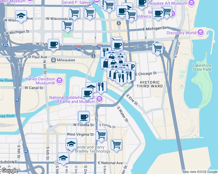 map of restaurants, bars, coffee shops, grocery stores, and more near 124 North Water Street in Milwaukee